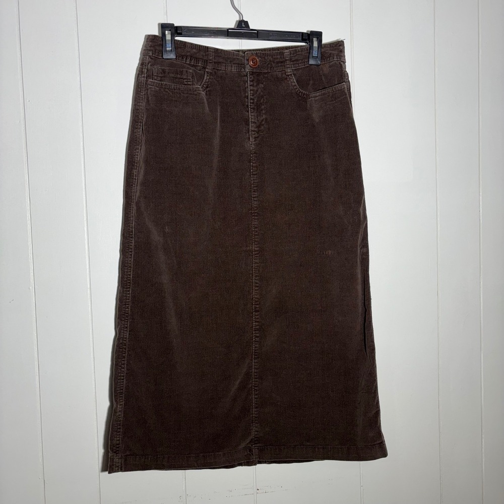 Y2K Brown Corduroy Straight‎ Midi Skirt Back Slit Boho Woodland Grunge Preppy 8